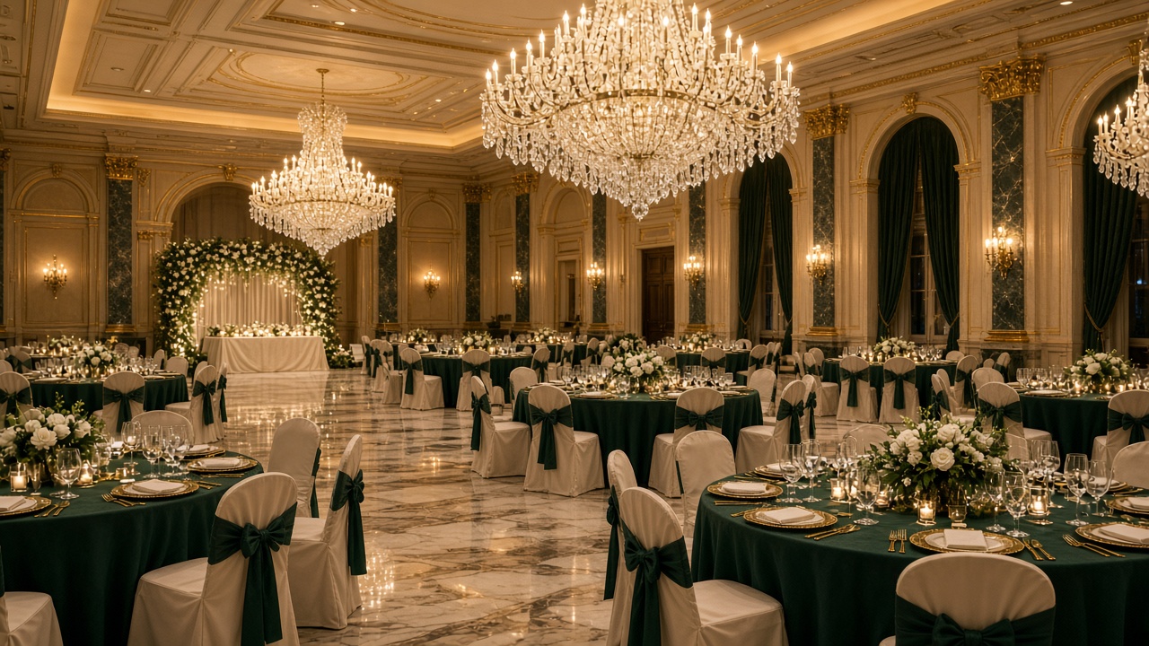 Grand ballroom at Farmington Hills Manor with crystal chandeliers and banquet tables