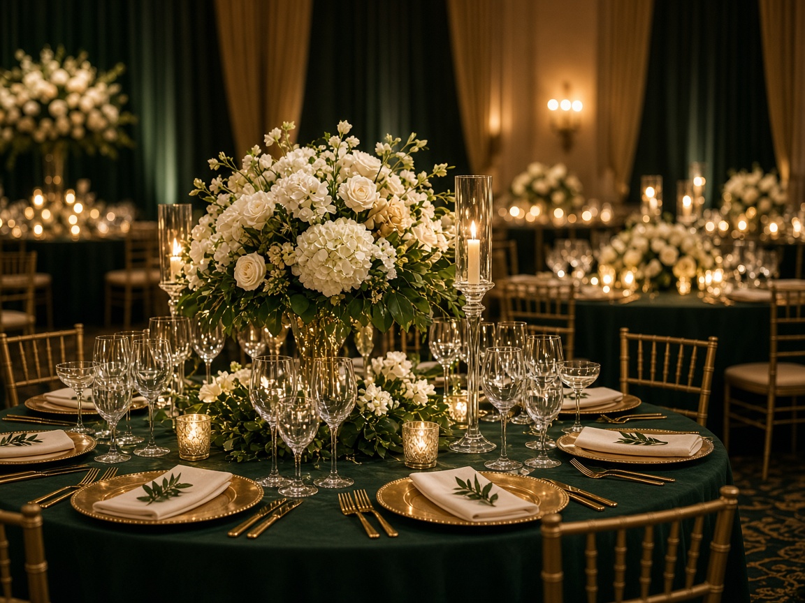 Wedding reception tablescape with florals and candlelight